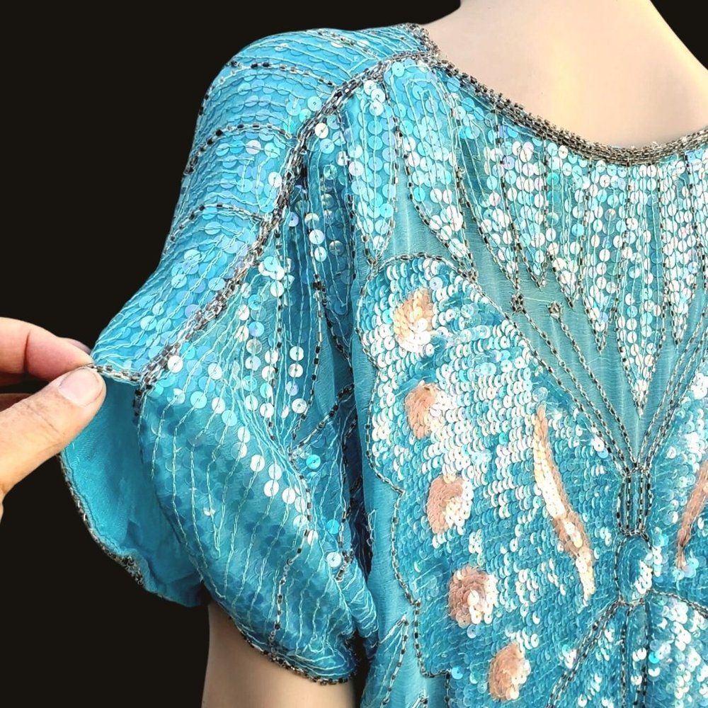 Butterfly Sequin Top Beaded 70s Disco Glam Blue Turquoise Green - Picture 4 of 10